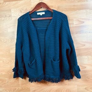 💸Loft XL Cropped Crocheted Fringed Open Front Cardigan Sweater w/Pockets